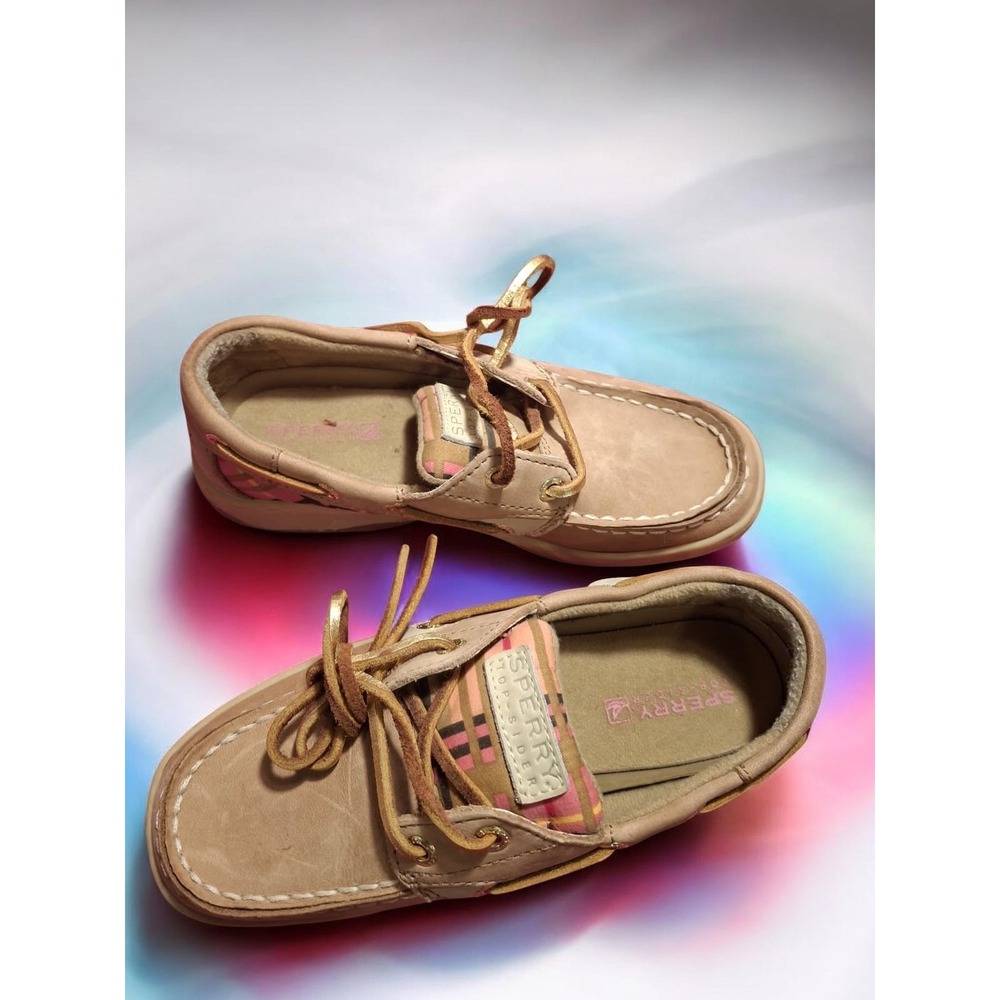Sperry Boat‎ Shoes Kids Tan Pink EUC Plaid Accent Leather Loafers